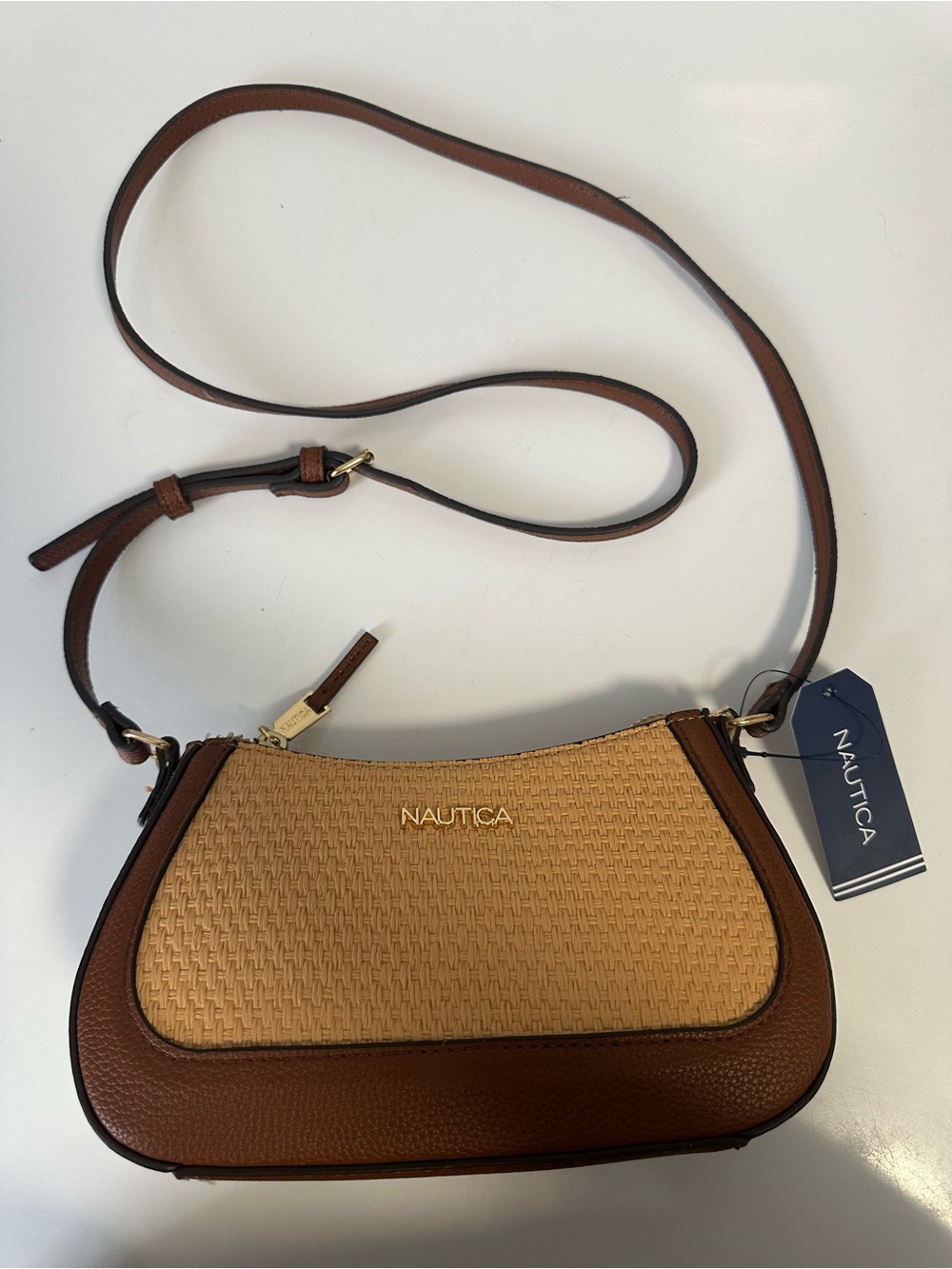 Nautica ⚓️ Beige Woven: Crossbody with Brown Trim